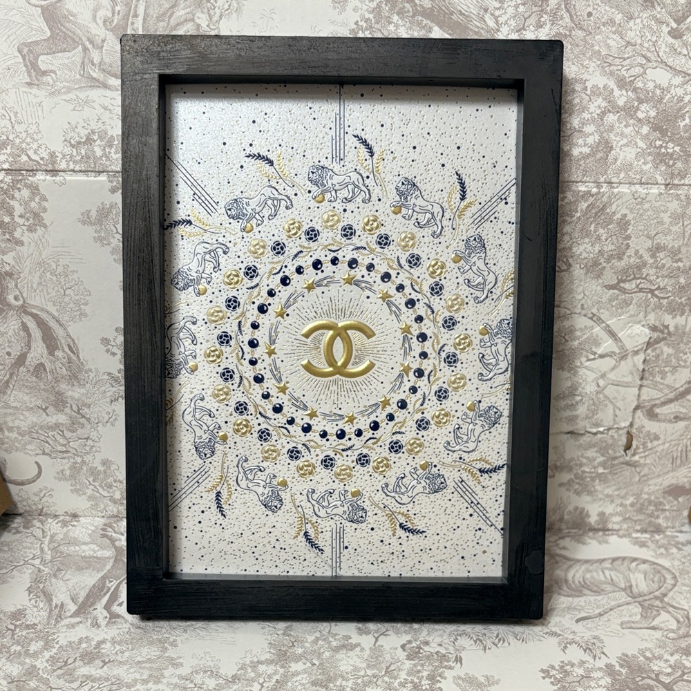 Chanel Logo Black Framed Wall Art with Gold and Blue Accents